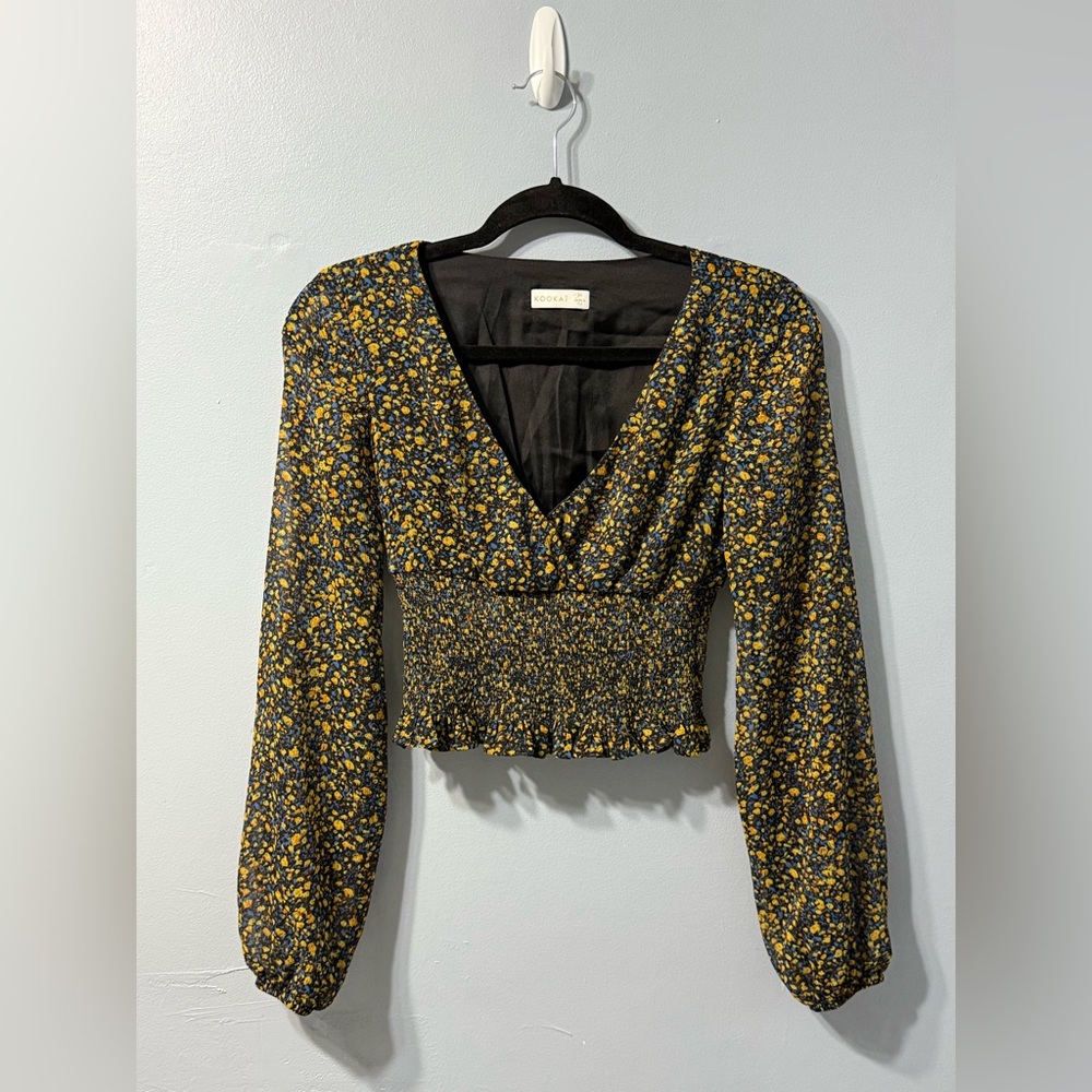 Kookai Avena Shirred Floral Top Blue / Yellow women’s long‎ sleeve blouse size 2